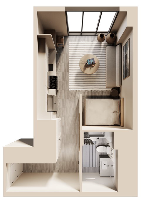 Floor plan for studio, 1 bath, 603 sqft